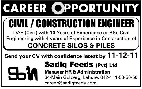 Sadiq Feeds Pvt Ltd Required Civil/Construction Engineer