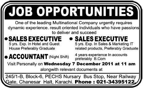Multinational Company Required Sales Executives and Accountant