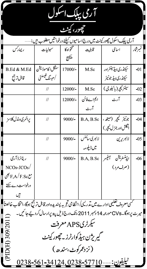 Army Public School Chhor Cantt. Jobs Opportunity