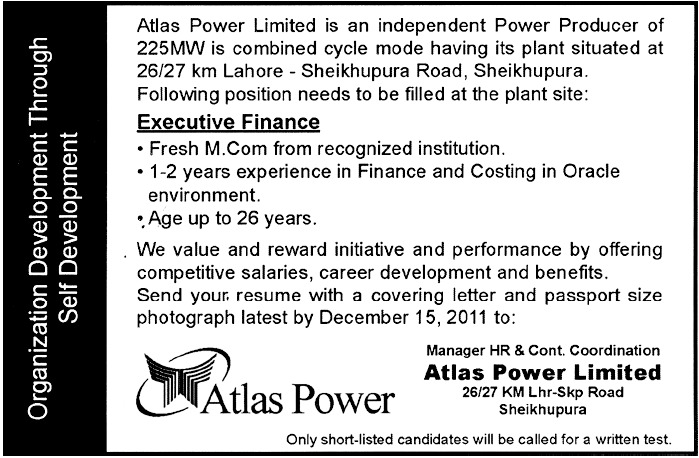 Atlas Power Limited Sheikhupura Required Executive Finance
