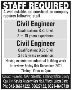 Civil Engineers Required by a Construction Company in Lahore