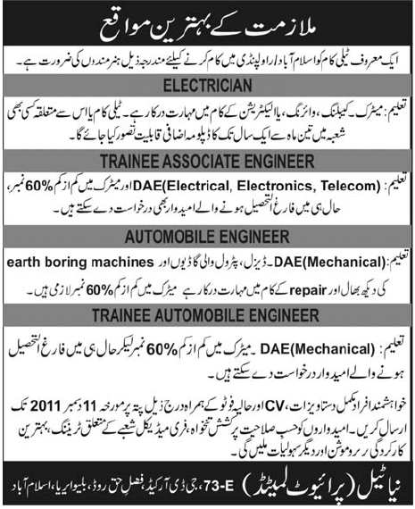 Telecom Sector Required Staff for Islamabad/Rawalpindi