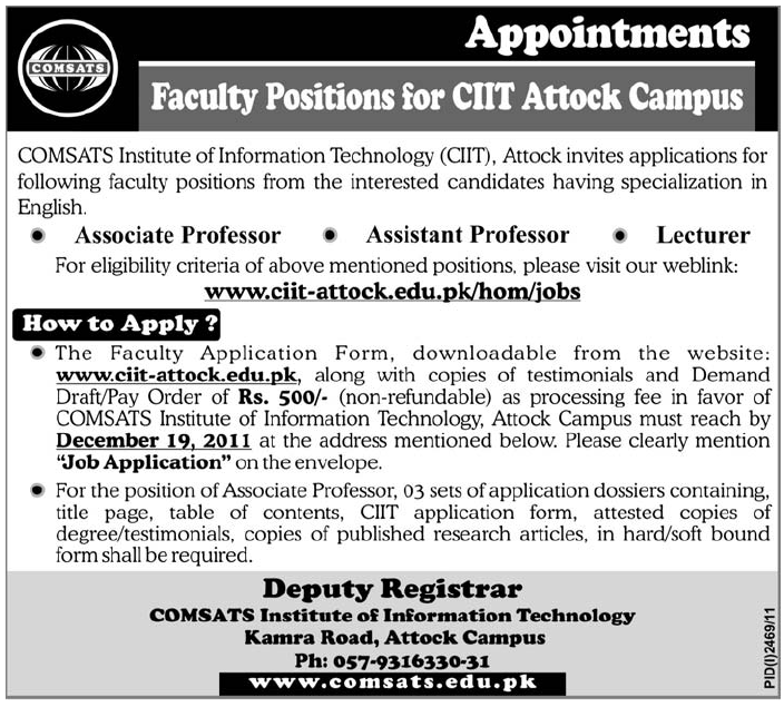 COMSATS Required Faculty for Attock Campus