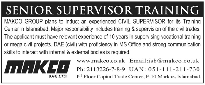 MAKCO Group Islamabad Required Senior Supervisor Training