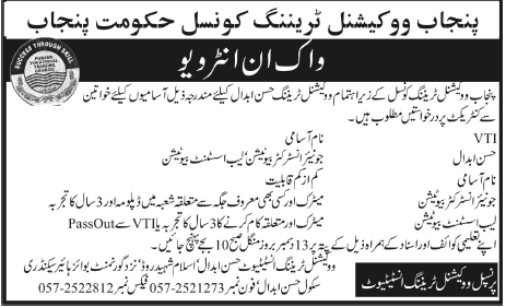 Punjab Vocational Training Council Required Staff