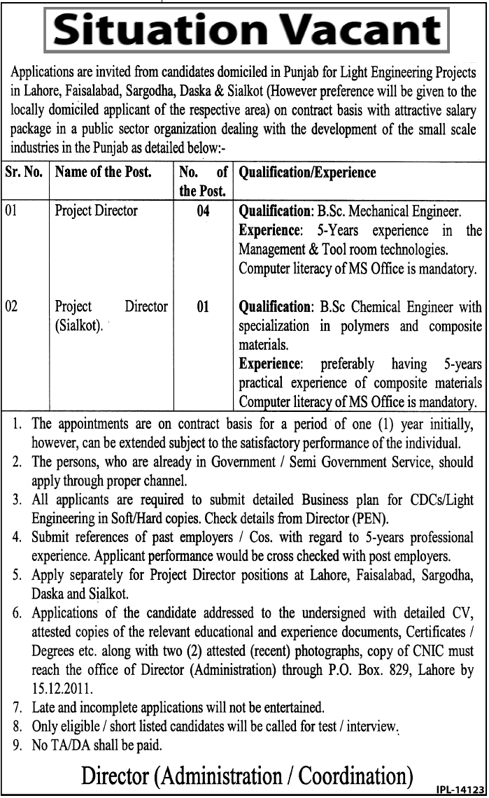 Public Sector Organization Required Staff for Light Engineering Project in Punjab