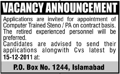 Steno/PA Required in Islamabad