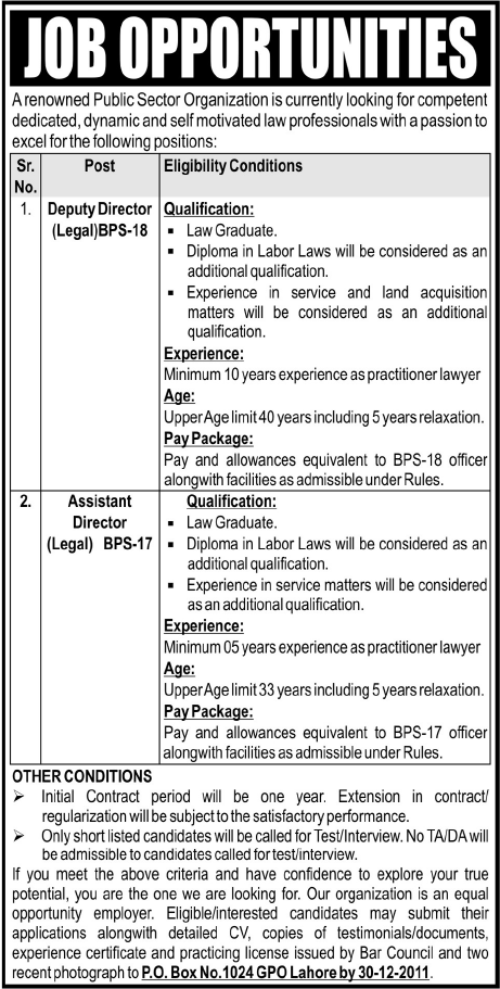 Deputy Director and Assistant Director Required by a Public Sector Organization