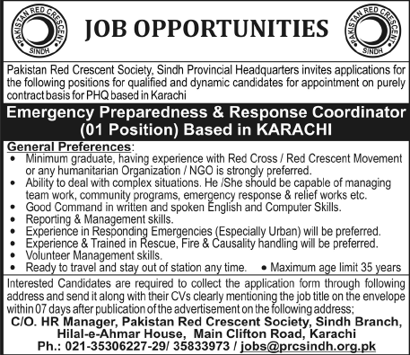 Pakistan Red Crescent Society Required Emergency Preparedness & Response Coordinator in Karachi