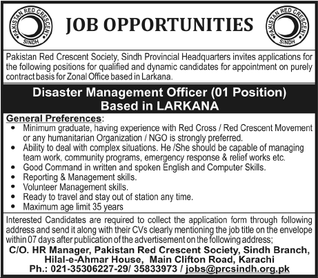 Disaster Management Officer Required by Pakistan Red Crescent Society, for Larkana