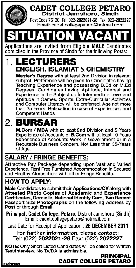 Cadet College Petaro, District Jamshoro, Sindh Job Opportunities