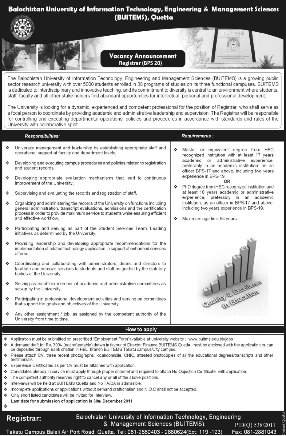 BUITEMS Quetta Required the Services of Registrar