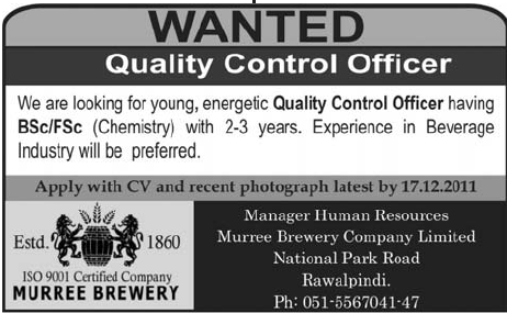 Quality Control Officer Required by Murree Brewery Rawalpindi