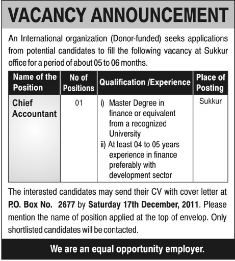 Chief Accountant Required by International Organization (Donor Funded)