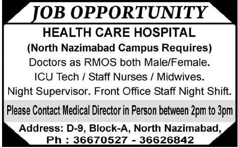 Health Care Hospital Required Staff for Karachi