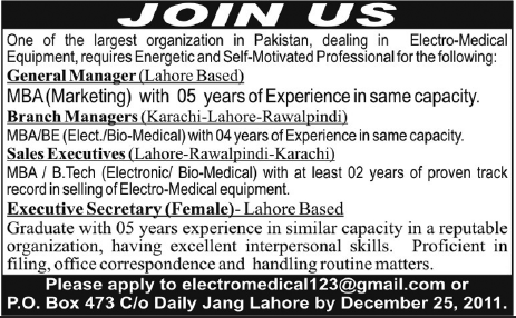 A Electro-Medical Equipment Organization Required Staff