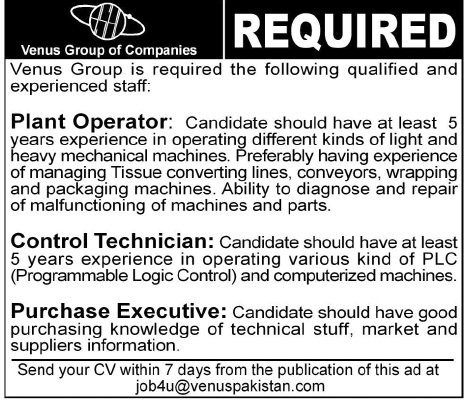 Venus Group of Companies Required Staff