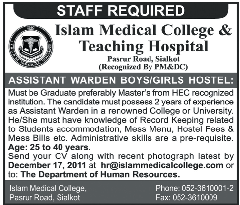 Islam Medical College & Teaching Hospital Required Assistant Warden Boys/Girls Hostel