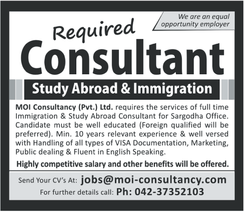 MOI consultancy Pvt Ltd Required Consultant
