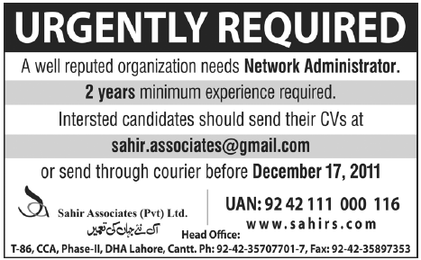 Sahir Associates Required Network Administrator