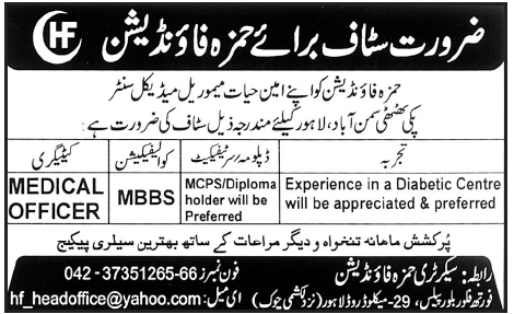 Hamza Foundation Lahore Required Medical Officer