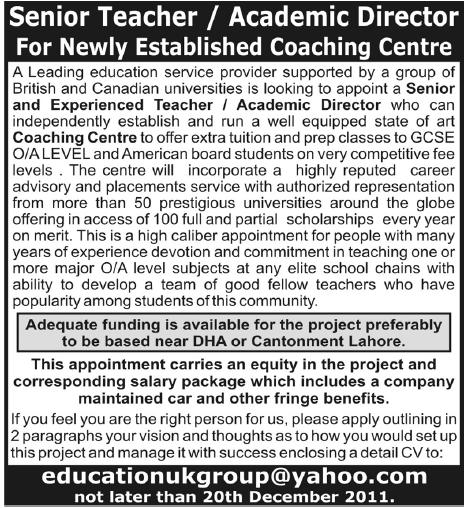 Senior Teacher/Academic Director Required in Lahore