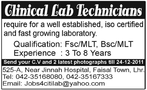 Clinical Lab Technicians Required in Lahore