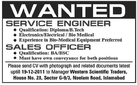 Service Engineer and Sales Officer Required by Western Scientific Traders