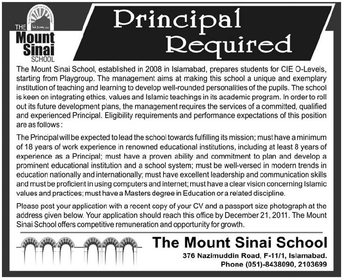 The Mount Sinai School Islamabad Required the Services of Principal