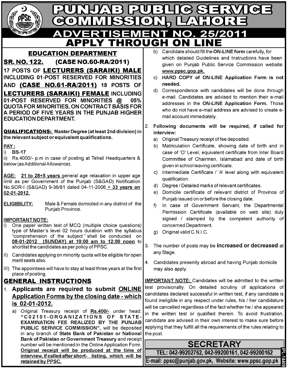 Punjab Public Service Commission, Lahore Job Opportunities