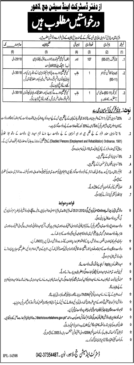 Office of District and Session Judge Lahore Jobs Opportunity