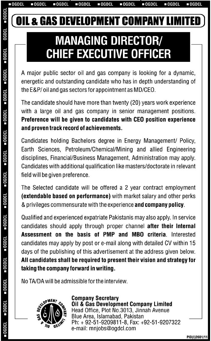Oil and Gas Development Company Limited Required the Service of Managing Director/Chief Executive Officer