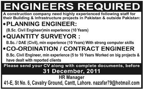 Engineers Required by a Construction Company in Lahore