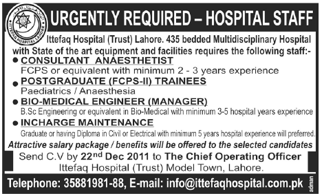 Ittefaq Hospital Trust Lahore Required Hospital Staff