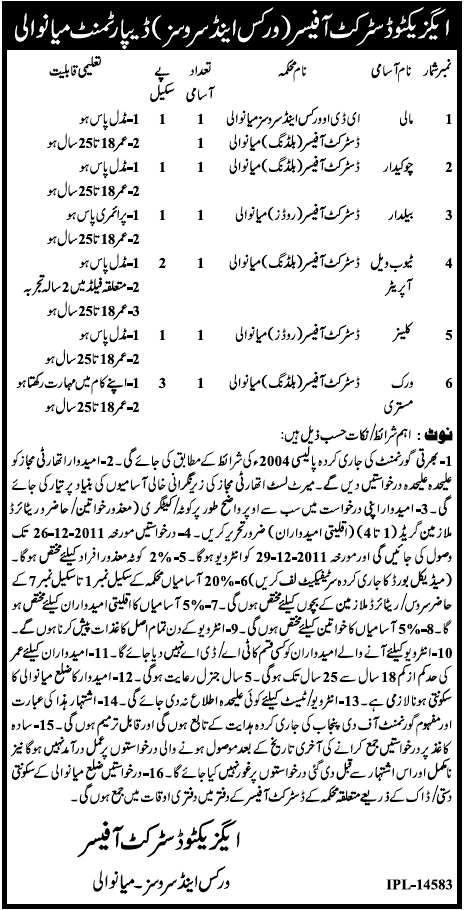 Executive District Officer (Works and Services) Department Mianwali Jobs Opportunity