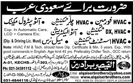 Technicians Required for Saudi Arabia