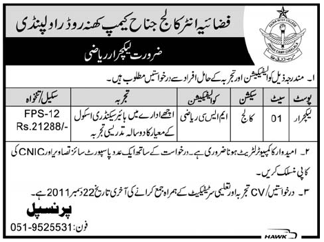 FAZAIA Inter College Rawalpindi Required Lecturer