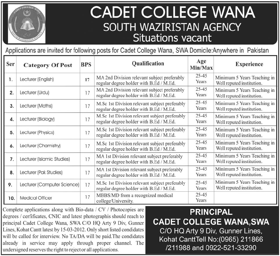 Cadet College Wana, South Waziristan Agency Jobs Opportunities