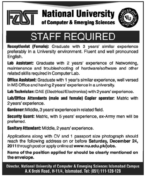 FAST Required Staff for Islamabad