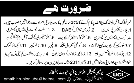 Union Chemical Industries Required Staff in Karachi