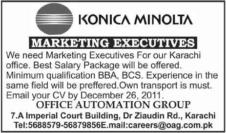 Konica Minolta Required Marketing Executives for Karachi