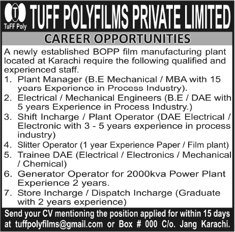 Tuff Polyfilms Private Limited Karachi Required Staff