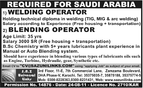 Welding Operator and Blending Operator Required for Saudi Arabia