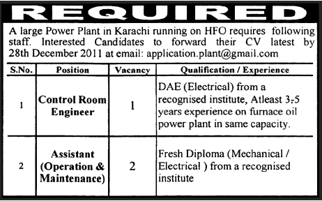Control Room Engineer and Assistant (Operation & Maintenance) Required by a Power Plant in Karachi