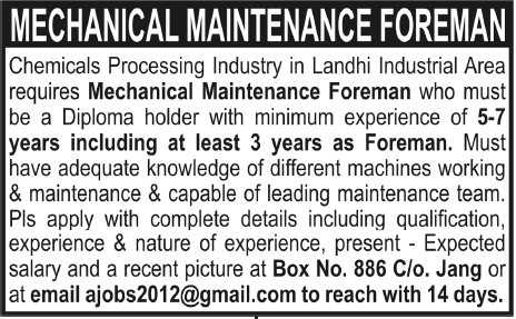Chemical Processing Industry Karachi Required Mechanical Maintenance Foreman