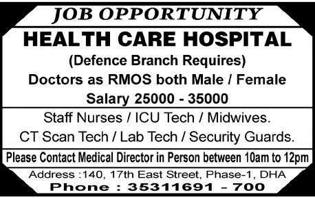 Health Care Hospital Required Staff for Karachi