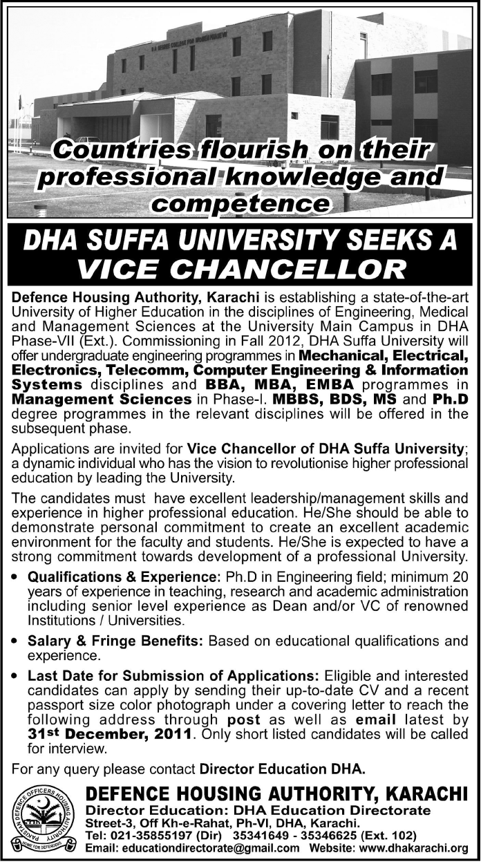 DHA SUFFA University Required Vice Chancellor