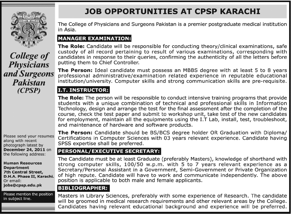 College of Physicians & Surgeons Pakistan Job Opportunities