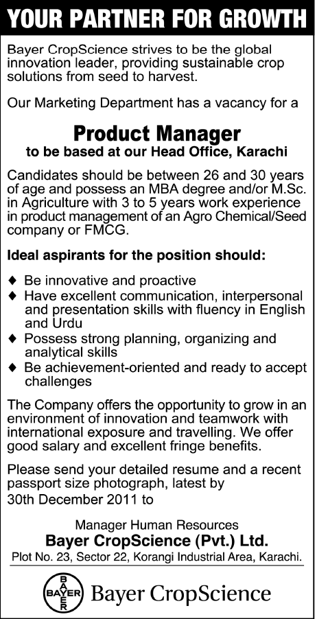 Bayer CropScience Pvt Ltd Karachi Required Product Manager