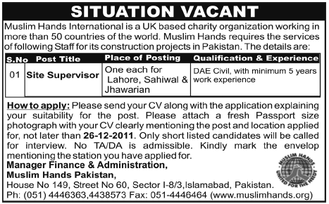 Muslim Hands International Required Site Supervisors